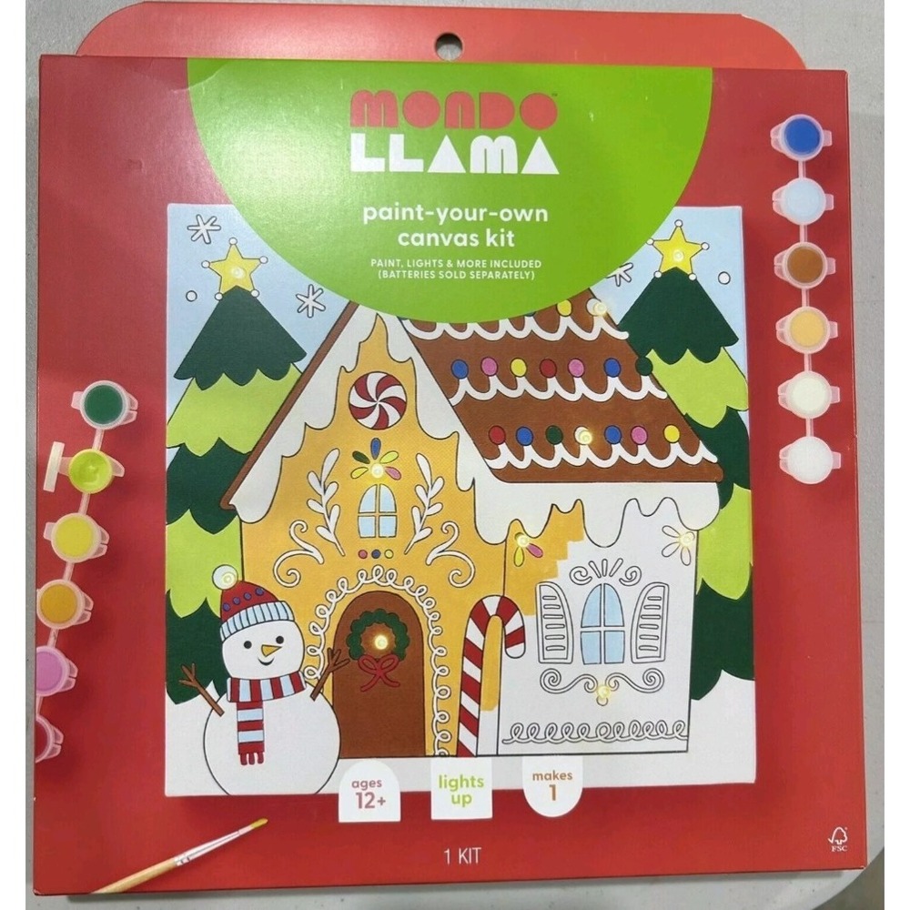Mondo Llama Paint-Your-Own Canvas Kit Winter Holiday Scene Lights Up Ages 12+